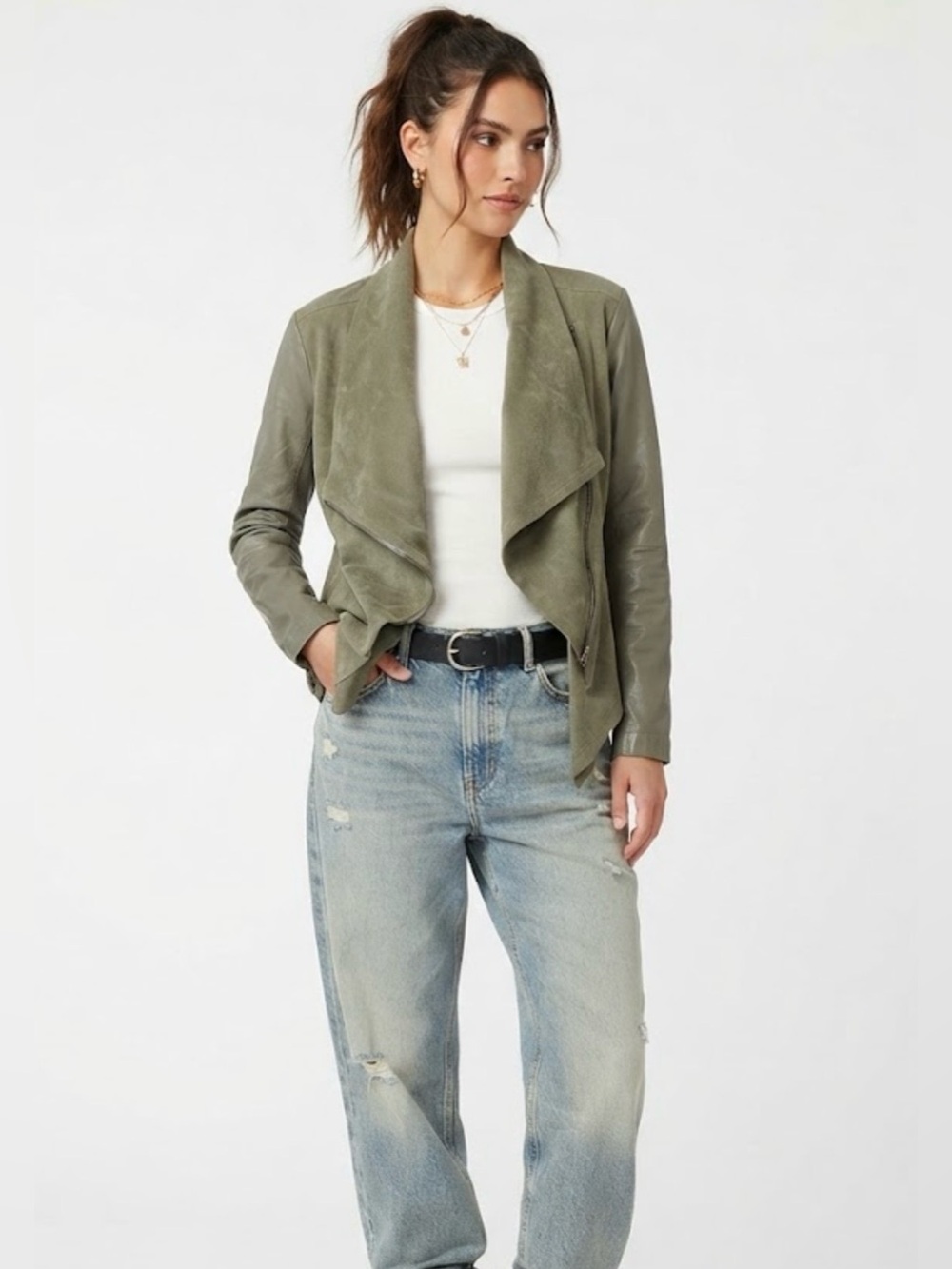 Blank NYC Olive Green Draped Asymmetric Vegan Suede & Faux Leather  Jacket Sp